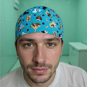 Turquoise Dog Print Scrub Cap